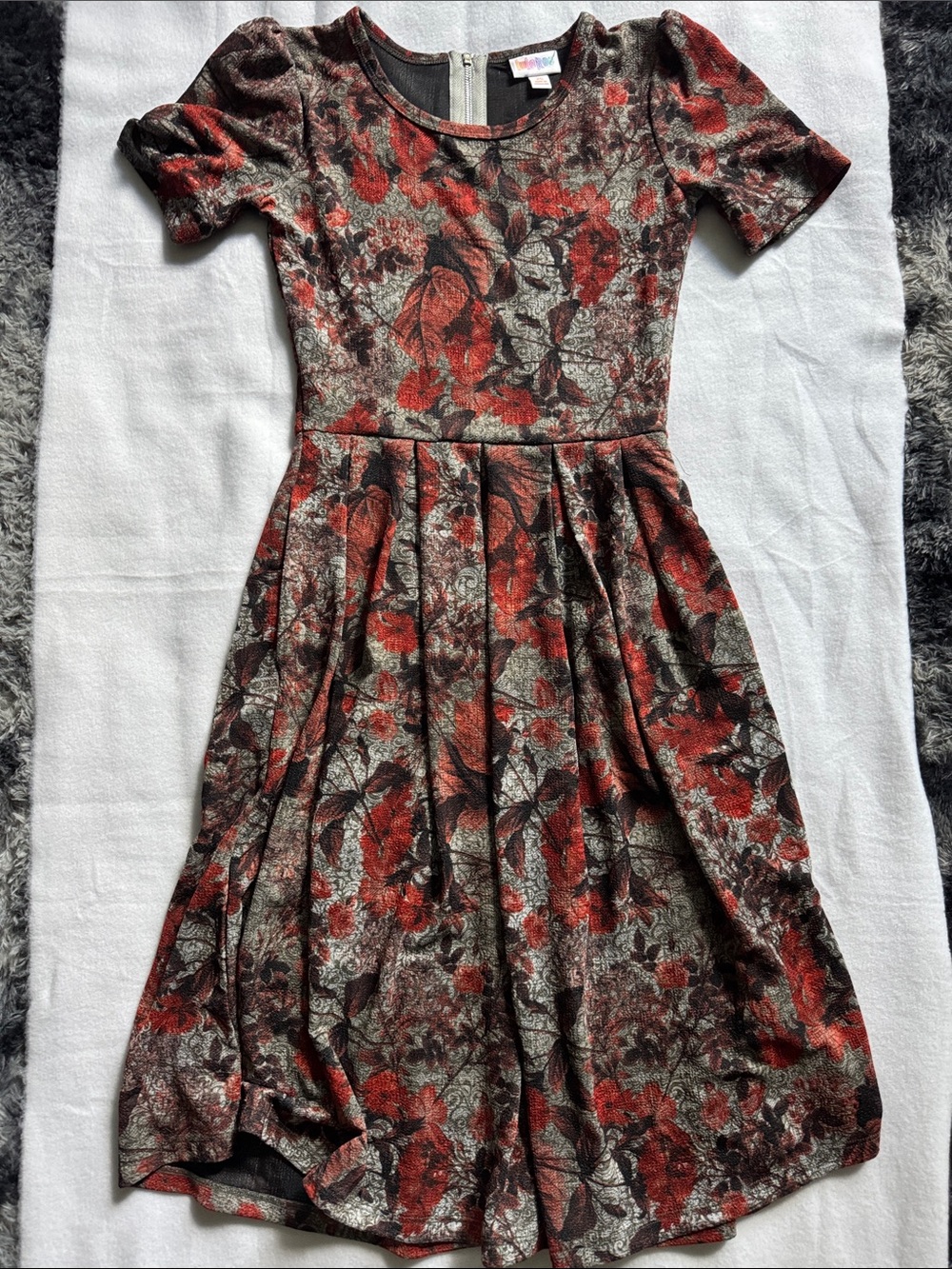 Luloroe Floral Fit-and-Flare Dress in Burnt Orange and Brown